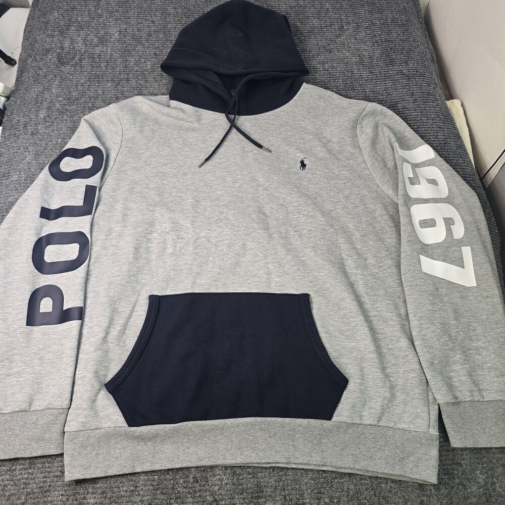 Polo Ralph Lauren Colorblock Hoodie Graphic Sleeve Pullover Gray Navy Size XXL